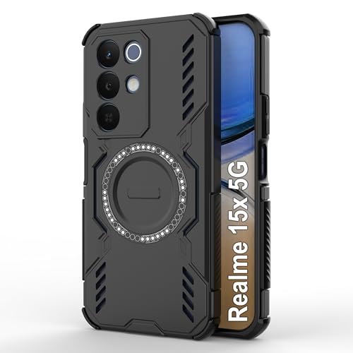 Image of amazon basics Back Case Cover for Realme 15x 5G | Magnetic Case with Built-in Metal Ring | Supports MagSafe Charger, Wallet & Car Mount | Shockproof Hybrid PC + TPU | Black