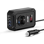 BESTEK 200W Inverter 12v 220v 230V 240V Onda Pura,Inverter Auto con Prese AC 2 USB-C (65 W e 30 W) 2 USB-QC (18 W),Convertitore Potenza per Camper/Barca a Onda Sinusoidale Modificata（Nera）