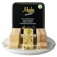 Mughe Gourmet Halva 850g Geschenkbox - 3 köstliche Halva-Riegel mit Marmorierung Pistazie, Kakao, Vanille - krümeliger Türkischer Halawa, süß und vegan - ideal für Geburtstage und besondere Anlässe