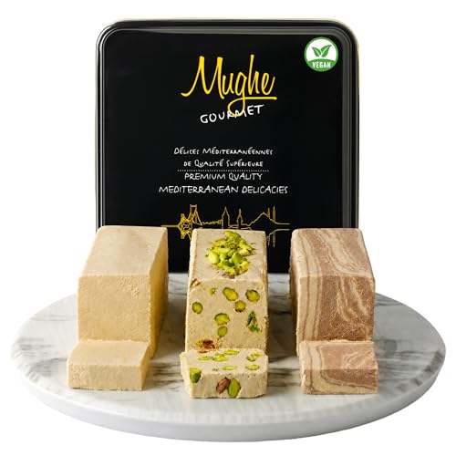 Mughe Gourmet Halva 850g Geschenkbox - 3 köstliche Halva-Riegel mit Marmorierung Pistazie, Kakao, Vanille - krümeliger Türkischer Halawa, süß und vegan - ideal für Geburtstage und besondere Anlässe