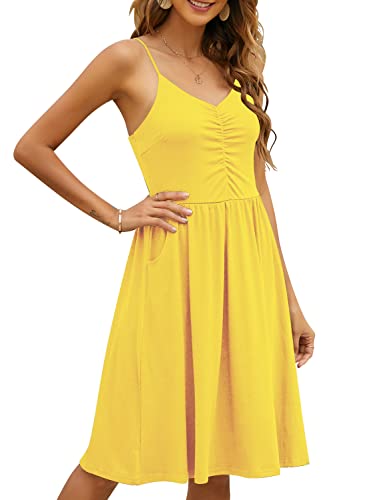 Image of YATHON Casual Dresses for Women Sleeveless Cotton Summer Beach Dress A Line Spaghetti Strap Sundresses with Pockets