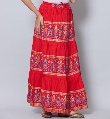 Image of Women's Cotton Printed Long Skirt | Ethnic Folk Print Tiered Maxi Skirt for Women | Elastic Waist Flared Boho Skirt | Traditional Casual for Women