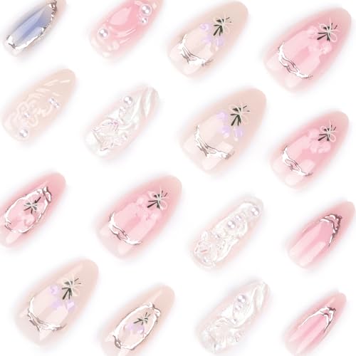 Image of Flower Press on Nails White Fake Nails Medium Almond False Nail with 3D Pearl Butterfly Design Pink Ombre Glue on Nails Artificial Acrylic Nail Gild Line Stick on Nail for Women Manicure 24Pcs