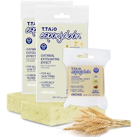 T.Taio Esponjabon Mother of Pearl Soap Sponge - Revitalizing Shower Scrubber for Bath Wash & Oil Removal - Bathroom Essentials with Fresh Scents - Oat with Mini Cover