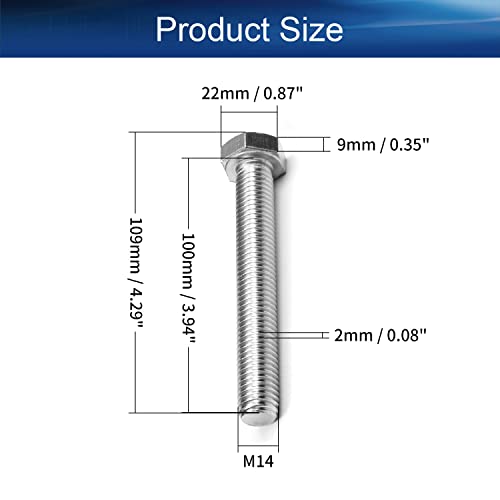 Image of Heyiarbeit M14 Hex Bolt M14-2 x 100mm UNC Hex Head Screw Bolts 304 Stainless Steel Fully Threaded Hex Tap Bolts 2pcs