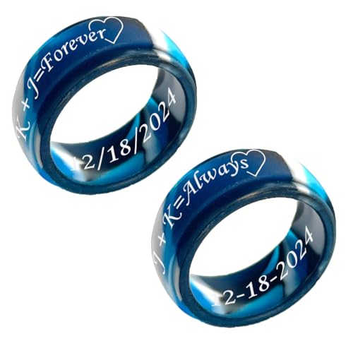 Silicone Matching Rings Silicone Couples Rings Heart Comfortable Fit Custom Engraved Camouflage Blue 2 Packs Silicone Wedding Bands Gift Promise Ring Bridal Sets, Width 8MM Size 6 to 14