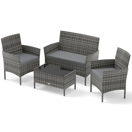 RELAX4LIFE 4-Piece Patio Furniture Set - Rattan Outdoor Conversation Bistro Set w/Cushions, Glass Coffee Table, Wicker Chairs & Loveseat for Garden Backyard Porch, Balcony Furniture Set (1, Mix Grey)