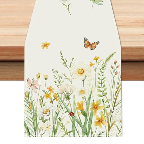 Bonhause Floral Table Runner 13x72 Inch Yellow White Wildflowers Plant Butterfly Spring Summer Kitchen Dining Table Decoration for Indoor Outdoor Home Party Decor