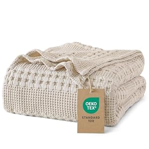 PHF 100% Cotton Waffle Weave Blanket Queen Size, Lightweight Breathable Summer Blanket for Hot Sleepers, Pre-Washed Soft Layer for Bed, Couch, Aesthetic Home Decor & Gift, 90″x90″, Light Taupe/Oatmeal