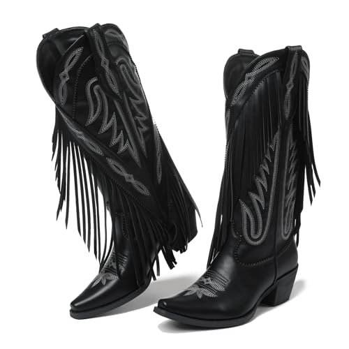 Image of Cowgirl Boots for Women Retro Pointed Toe Pull On Block Chunky Heel Embroide Tassel Country Concert Outfits Mid Calf Western Fringe Cowboy Boots