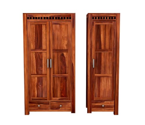 Image of Rajotiya FurnitureSheesham Wood 3 Door Wardrobe Storage with 3 Drawers Wooden Multipurpose Almirah for Home Living Room - Natural Finish| (I-Hony)
