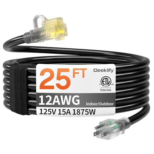 12AWG 25 FT Heavy Duty Outdoor Extension Cord Waterproof with Lighted End Black 12 Gauge Extension Cord Flexible and Cold Resistant 3 Prong Grounded Plug 15Amp 1875W SJTW ETL Listed