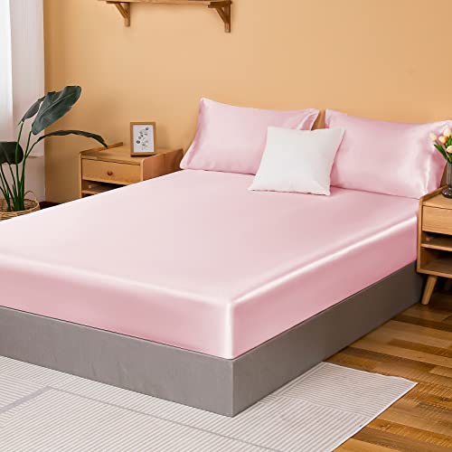 NSGZ Pink Satin Fitted Sheet Only, Silky Full Fitted Bed Sheet Soft Deep Pocket Single Bottom Bed Sheets, Wrinkle Free & Fade Resistant & Breathable Bedding Fitted Sheet Sold Separately