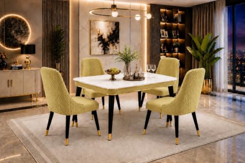 Image of WOODEN SPACE Majestic 4 Seater Wooden Dining Table Set | Urban Marble Top Dining Table with Chairs for Dining Room & Kitchen (Light Green Modern Vento) (54 x 36 x 30 inch)