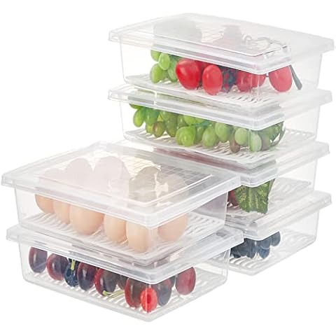SOUJOY 6 Stück Produce Saver Aufbewahrungsbehälter, 2.5 l Kühlschrank-Lebensmittel-Organizer mit abnehmbarem Ablaufblech und Deckel, stapelbare, Fleisch, frisch und trocken Cover