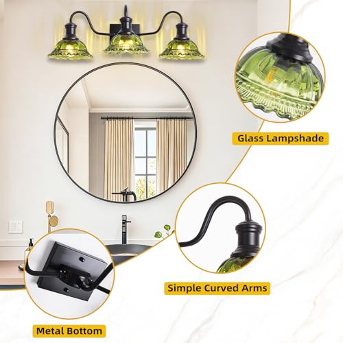 Image of Vintage Vanity Lights 3-Light, Black Bathroom Lights with Green Shade, Glass Bathroom Light Fixtures Over Mirror, Farmhouse Wall Sconce for Bathroom, Vanity Table, Entryway, Hallway