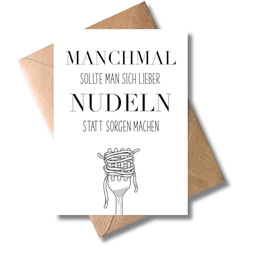 WBdesignz Lustige Karte mit Umschlag - Humorvolle Aufmunterungskarte “Manchmal sollte man sich lieber Nudeln machen statt Sorgen” Gute Besserung Karte Geschenkkarte (DIN A6) WBdesignz Lustige Karte mit Umschlag - Humorvolle Aufmunterungskarte “Manchmal sollte man sich lieber Nudeln machen statt Sorgen” Gute Besserung Karte Geschenkkarte (DIN A6)
