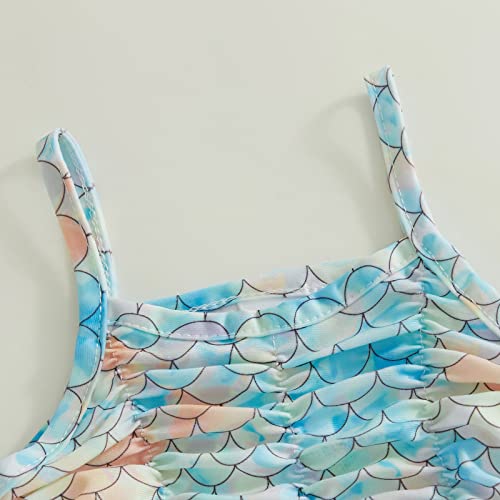 Little Baby Girl One Piece Swimsuit Sleevelesss Mermaid Fish Scale Swimwear Tulle Bathing Suit With Hat Beach Clothes (Blue, 1-2 Years) #TOP4