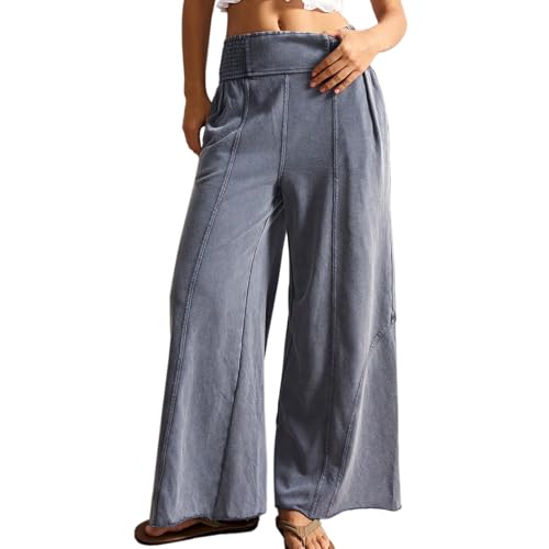 Womens Wide Leg Washed Pants Palazzo Casual Sweatpants Elastic Waisted Lounge Baggy Trousers with Pockets