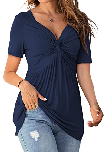 Image of Tankaneo Womens Front Knotted V-Neck Blouse T Shirt Short Sleeve Oversized Tunic Tops Summer Solid Pullover Tees
