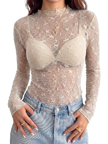 BTFBM Mesh Lace Long Sleeve Tops for Women 2026 Fall,White,S - image 1