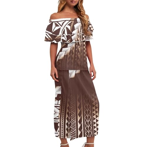 Polynesian Puletasi Samoan Traditional Women's Ruffle Off Shoulder Top Skirt 2pcs Set Long Party Maxi Dress Set2