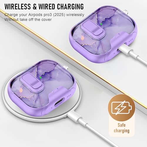 Image of Compatible Airpods Pro 3 Case (2025) with Phone Stand & Cleaner Kit,Print Soft Silicone Lock Clip Apple AirPods Pro 3rd Generation Case, Airpod Pro 3 Cover with Keychain for Women /Girls,Purple Marble