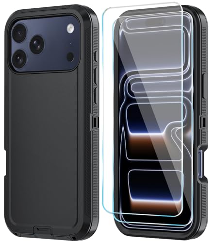 ouyncase Compitable with iPhone 17 Pro Case with HD Screen Protector, [2 in 1 ] Heavy Duty Protection Phone Case for iPhone 17 Pro 6.3" (Black)