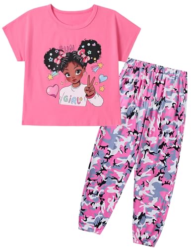 Image of mksodop Girls Outfit Set Graphic T Shirt and Camo Jogger Pants Cute Casual Clothes for Girls 5-16 Years