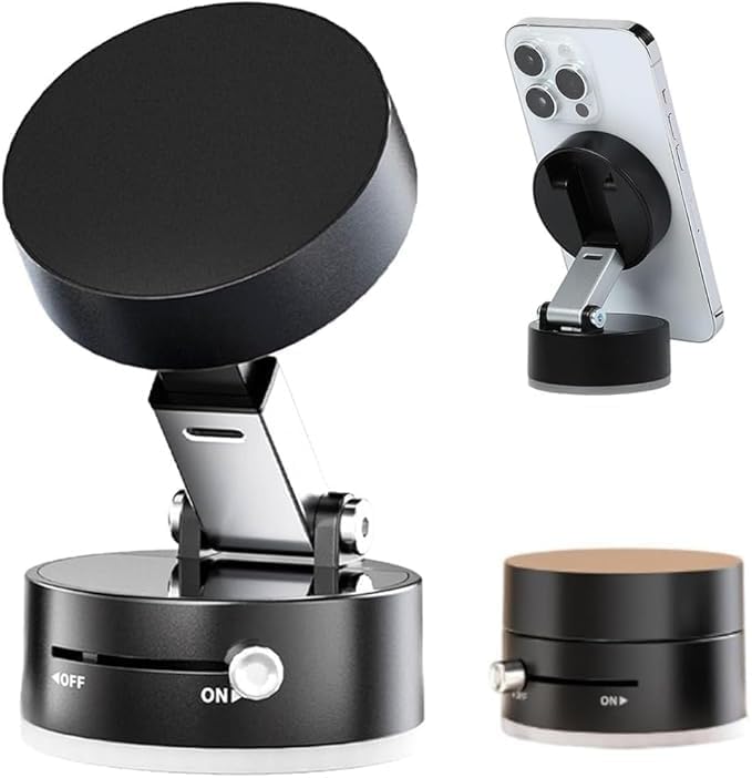 Stache's Viral Black Adjustable Magnetic Phone Mountwith vacum Suction for Shower and Car Mirror, 360-Degree Rotating Stand with Strong Suction Base