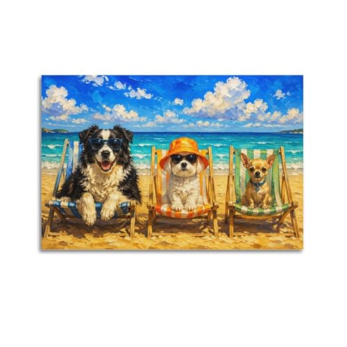 Wandkunst, Motiv: Strandhunde mit Sonnenbrille, verspieltes Urlaubsposter