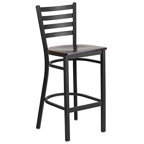 EMMA + OLIVER Taburete de Bar con Respaldo de Escalera en Metal Negro y Asiento de Madera Nogal Modelo EOH-YVEH-550061 miniatura 3