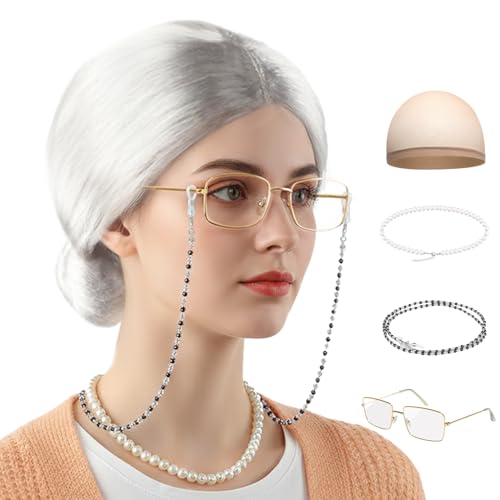 RSOEUG Old Lady Wig Costume for Women 5 PCS Kids 100 Days of School Grandma Wig Costume Halloween Girls Adults Cosplay Accessories Set (Silver Bun)