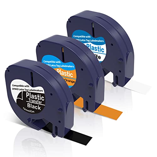 3 Pack Plastic Label Maker Tape Compatible with DYMO Label Maker Refills 12mm X 4m 1/2 Inch X 13 Feet Replacement for DYMO Letra Tag LT-100H 100T QX50