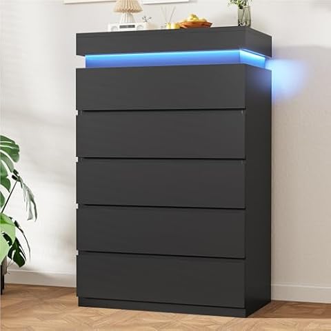 BTHFST Tall Black Dresser for Bedroom with LED Lights, LED Modern 5 Drawers Chest of Drawers for Closet, Wood Tall 5 Drawer Dresser for Living Room, Hallway, Entryway Cover