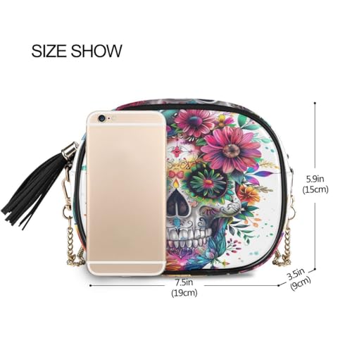 Image of ALAZA Women's Colorful Human Skull Mexican Floral Tattoo PU Leather Crossbody Bag Shoulder Purse with Tassel