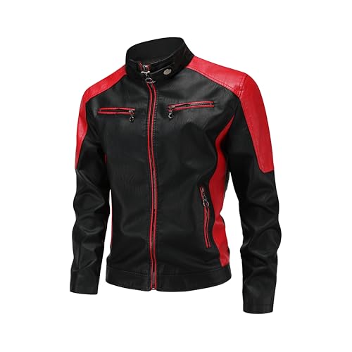 Men's Stylish Color Blocking PU Leather Jacket, Multi Zipper Design Street Style Retro Classic Motor Jacket2