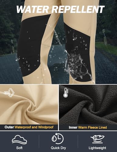 PASUDA Damen Wanderhose Wasserdicht Skihose Softshellhose Thermohose Fleece Gefüttert Winter Hosen Schneehose Winddicht Warm Arbeitshose Trekkinghose Langlaufhose Knie-Reibungsschutz (Khaki, L)