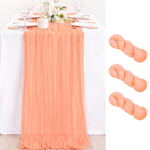 Image of MLMC 3 Pack Peach Cheesecloth Table Runner 10ft Summer Rustic Gauze Cheese Cloth Table Runner 35x120 Inches for Wedding Bridal Baby Shower Party Decor