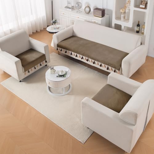 Image of HOKIPO 5 Seater Sofa Cover Mat with Tassel in 3+1+1 Configuration | Dyed Holland Velvet Fabric | 'TasselTone Series' | Coffee Brown (IN-1108+1104-CF*2)