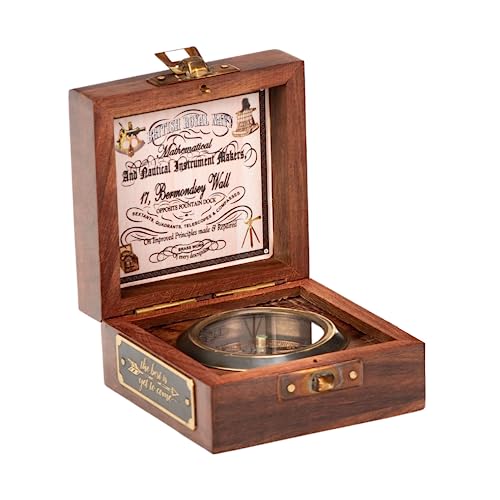 Brújula vintage en caja de madera artesanal miniatura 1