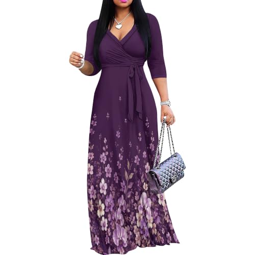 Image of Plus Size Maxi Dress for Women V Neck 3 /4 Sleeve Wrap Dress Plum XL | Plum Floral Women's Maxi Dress for Mother's Day Wedding Women's Day