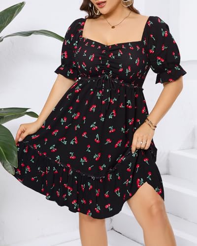 Image of Pinup Fashion Plus Size Summer Dresses-2026 Casual Puff Sleeve Sweetheart Neckline Smocked Short Babydoll Dress
