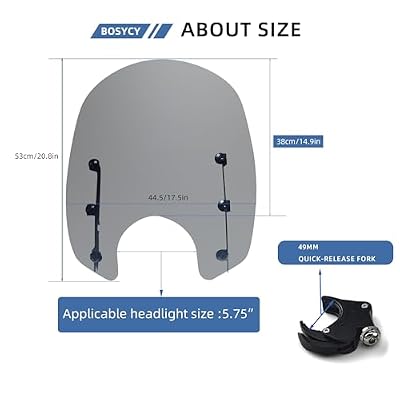 15 Motorcycle Windshield with 4PCS 49mm Quick-Release Fork Clamps, Smoke Windscreen Deflector for Harley Softail Street Bob FXBB FXBBS, Standard FXST, Low Rider FXLR, Dyna FXDB FXDL FXDC