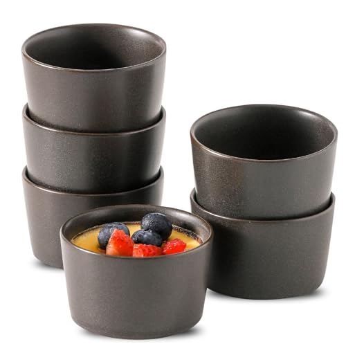 Tikooere Ramekins 2.5 oz, Oven Safe Soufflé Dishes for Creme Brulee, Souffle, Pudding, Ice Cream, Stoneware Custard Cups for Baking, Small Ceramic Bowls Set of 6, Kitchen Decor Gift, Matte Black