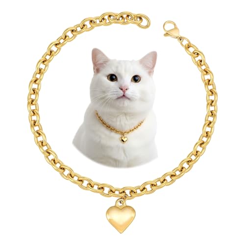 Gold Cat Chain Collar Adjustable Cuban Link Heart-Shaped Dog Necklace, Sparkly Lightweight & Durable Metal Pet Chains Collars Jewelry for Small Medium Dogs & Cats, Stylish Decorative Accessory(9 in)