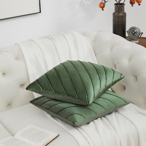 Image of GIGIZAZA Decorative Velvet Pillow Covers 18x18, Set of 2 Olive Green Sofa Couch Throw Pillows Covers Cases, Living Room Square Cushion Accent Stripe Covers