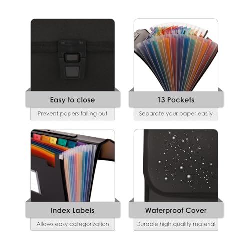 Image of POLEN Premium Series Expanding File Folder with Coloured Inner, 13 Pockets, Handle, and Buckle Closure, Fullscape Size for Travel, Home, Office to Arrange Your Document (Black)