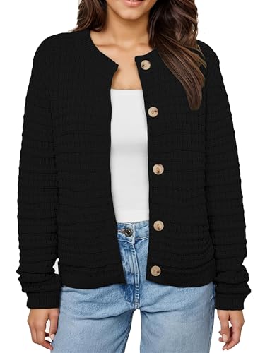 Oyamiki Cardigan Strickjacken für Damen Schwarz Open Front Rundhalsausschnitt Strickpullover Jäckchen mit Knopf S