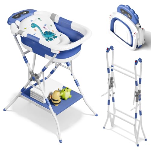 Image of 2-in-1 Baby Bath with Stand, Foldable Dinosaur Bathtub for Infant to Toddler, Portable Travel Tub with Soft Cushion for 0-18 Months, Navy Blue